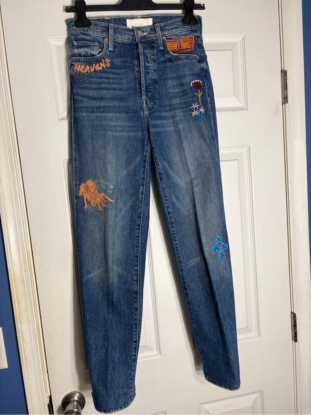 MOTHER Blue Straight-Leg Jeans with Colorful Embroidery